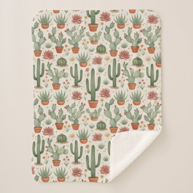 Desert Cacti Succulent Seamless Pattern Sherpa Blanket (Front)