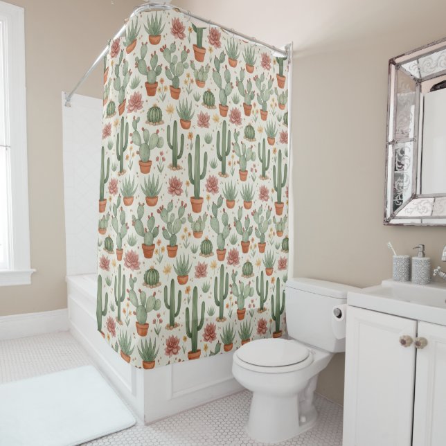 Desert Cacti Succulent Seamless Pattern Shower Curtain (In Situ)