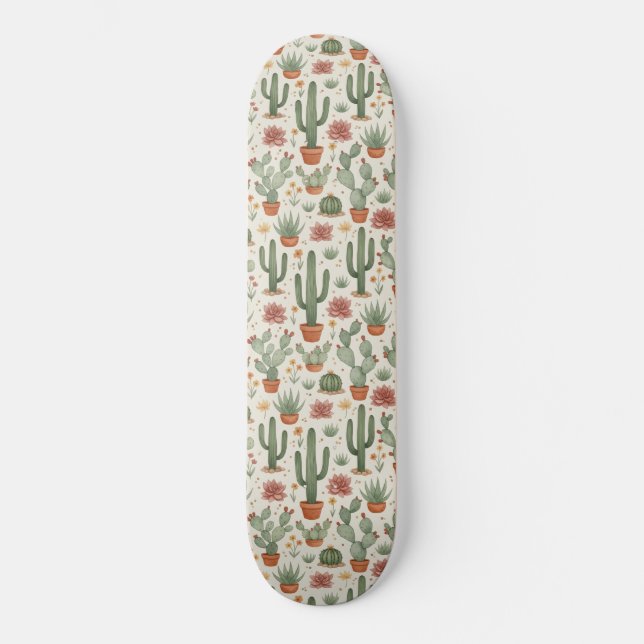 Desert Cacti Succulent Seamless Pattern Skateboard (Front)