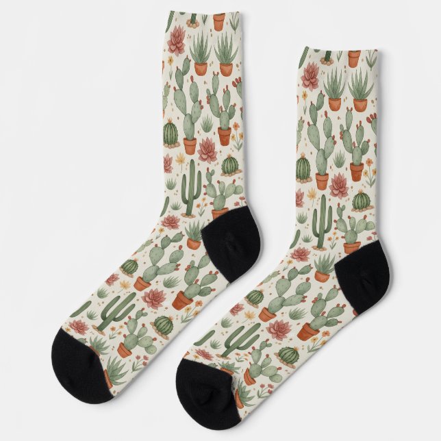 Desert Cacti Succulent Seamless Pattern Socks (Left)