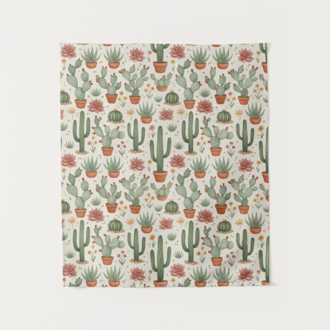 Desert Cacti Succulent Seamless Pattern Tapestry (Front)