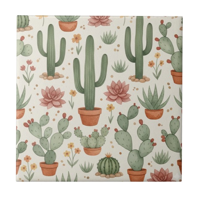 Desert Cacti Succulent Seamless Pattern Tile (Front)