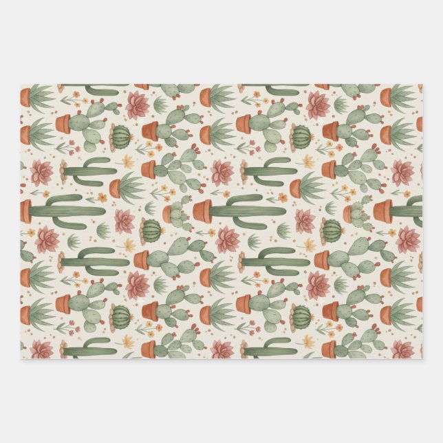 Desert Cacti Succulent Seamless Pattern Wrapping Paper Sheet (Front)