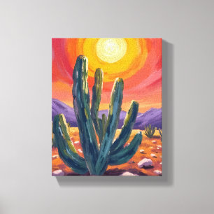 Desert Cacti   Sunset Nature Landscape Painting Canvas Print