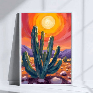Desert Cacti   Sunset Nature Landscape Painting Poster