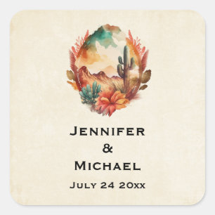 Desert Cactus and Mountains Save the Date Square Sticker