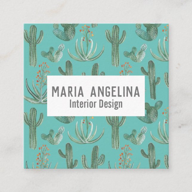 Desert Cactus and Succulents Watercolor Design Square Business Card (Front)