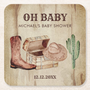 Desert Cactus Baby Cowboy Hat Shoes Party Square Paper Coaster