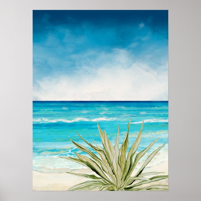 Desert Cactus Beach Sea Seascape Watercolor Agave Poster (Front)