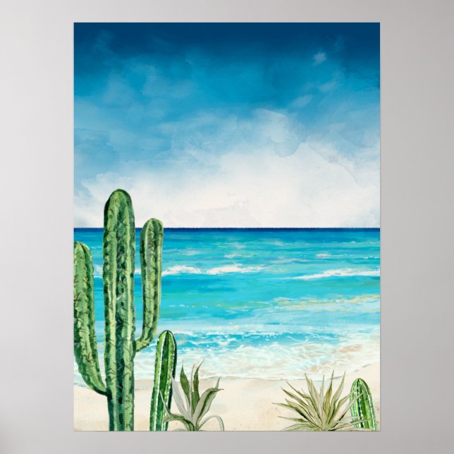 Desert Cactus Beach Sea Seascape Watercolor  Poster (Front)