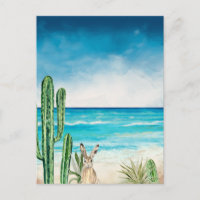 Desert Cactus Beach Seascape Watercolor Rabbit