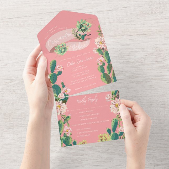 Desert Cactus Bloom All in One Wedding Invite (Tearaway)