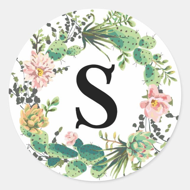 Desert Cactus Bloom Monogram Classic Round Sticker (Front)