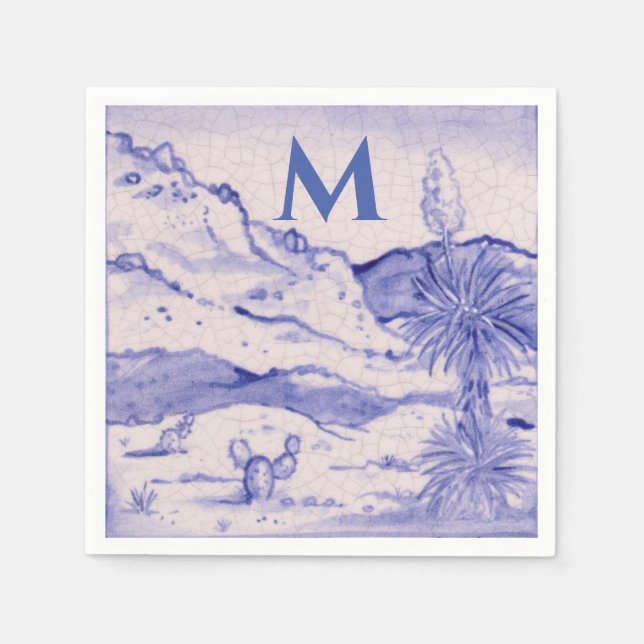 Desert Cactus Blue White Landscape Yucca Monogram Napkin (Front)
