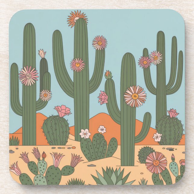 Desert Cactus Flowers Coaster Set MCM (Front)
