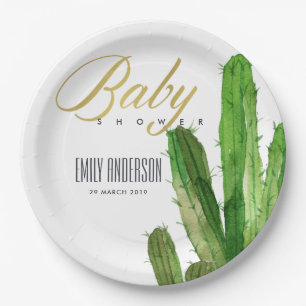 DESERT CACTUS FOLIAGE WATERCOLOR BABY SHOWER PAPER PLATE