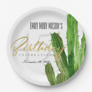DESERT CACTUS FOLIAGE WATERCOLOR BIRTHDAY PARTY PAPER PLATE