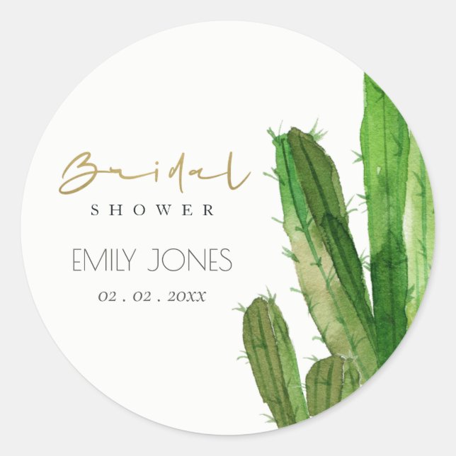 DESERT CACTUS FOLIAGE WATERCOLOR BRIDAL SHOWER CLASSIC ROUND STICKER (Front)