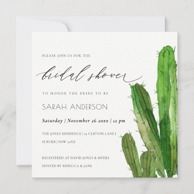 DESERT CACTUS FOLIAGE WATERCOLOR BRIDAL SHOWER INVITATION (Front)