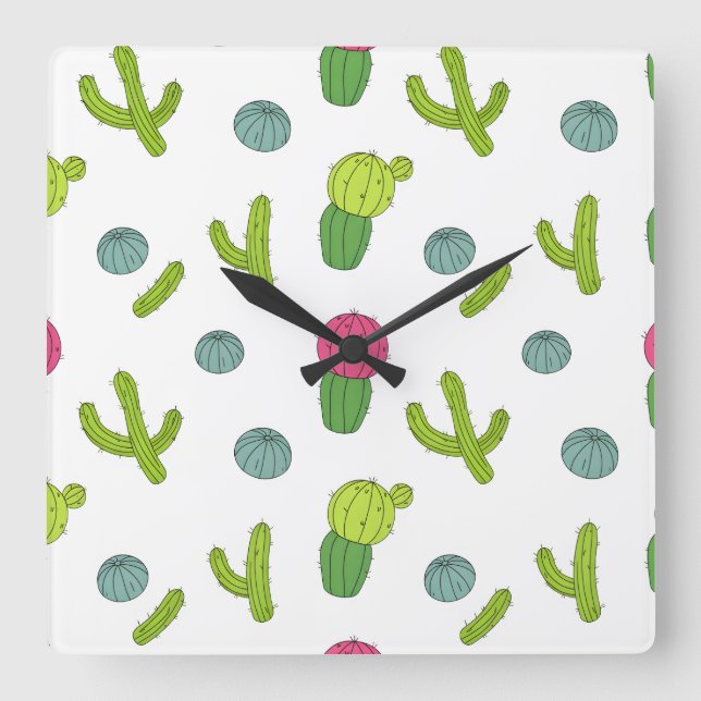 Desert Cactus Pattern Square Wall Clock (Front)