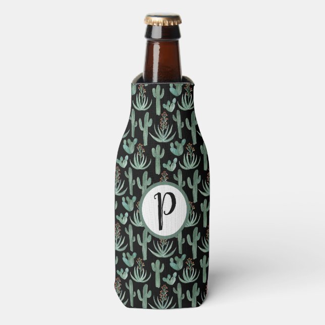 Desert Cactus Pattern Watercolor CUSTOM Initials Bottle Cooler (Bottle Front)