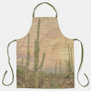 Desert Cactus Plants On Wood Grain Photo Image Apron