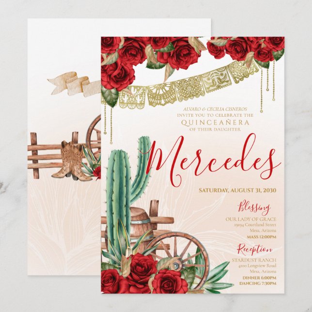 Desert Cactus Red Rose Western Charro Quinceanera Invitation (Front/Back)