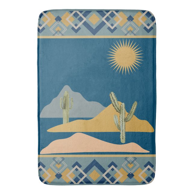 Desert Cactus Scene and Geometric Trim Bath Mat (Front Vertical)