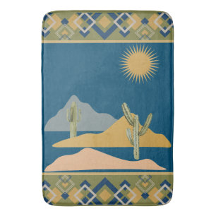 Desert Cactus Scene and Geometric Trim Bath Mat
