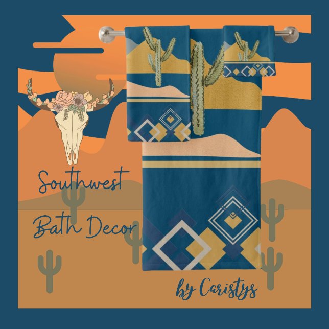 Desert Cactus Scene and Geometric Trim Bath Towel Set (Southwest Bath Decor
Available in Navy, Smokey Blue,   Clay, Olive, Golden Rod, Brown)