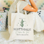 Desert Cactus Scottsdale Bachelorette Party Tote Bag<br><div class="desc">Welcome guests to your destination bachelorette weekend with these cute personalised tote bags. Design features a green cactus illustration flanked by stars, with two lines of custom text beneath; shown with "Scottsdale Before the Veil". Add your event name along the bottom, and the year curved across the top. Colours can...</div>