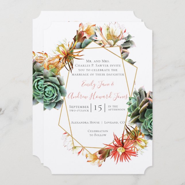 Desert Cactus Succulent Gold Geometric Invitation (Front/Back)