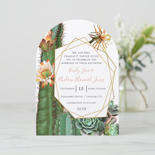 Desert Cactus Succulent Gold Geometric Metallic Invitation (Standing Front)