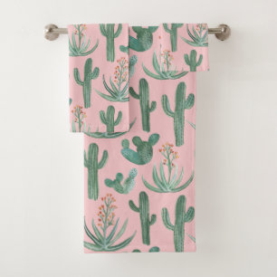 Desert Cactus Succulent Watercolor Pattern Pink Bath Towel Set