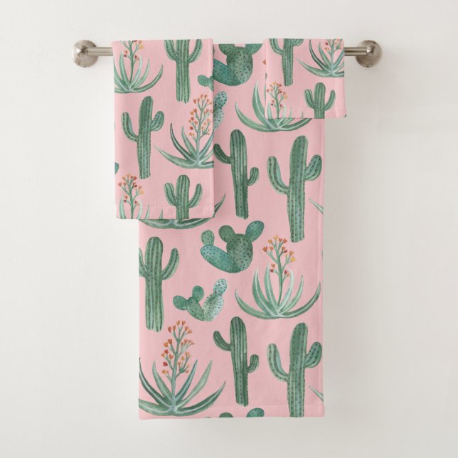 Desert Cactus Succulent Watercolor Pattern Pink Bath Towel Set (Insitu)