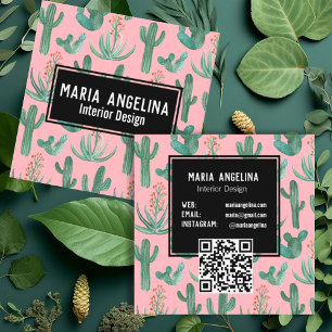 Desert Cactus & Succulents Watercolor QR Code Pink Square Business Card