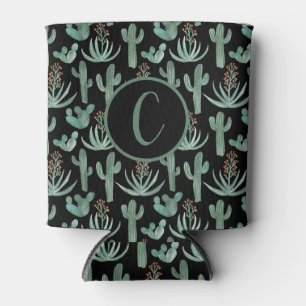 Desert Cactus Watercolor CUSTOM Initials Black Can Cooler