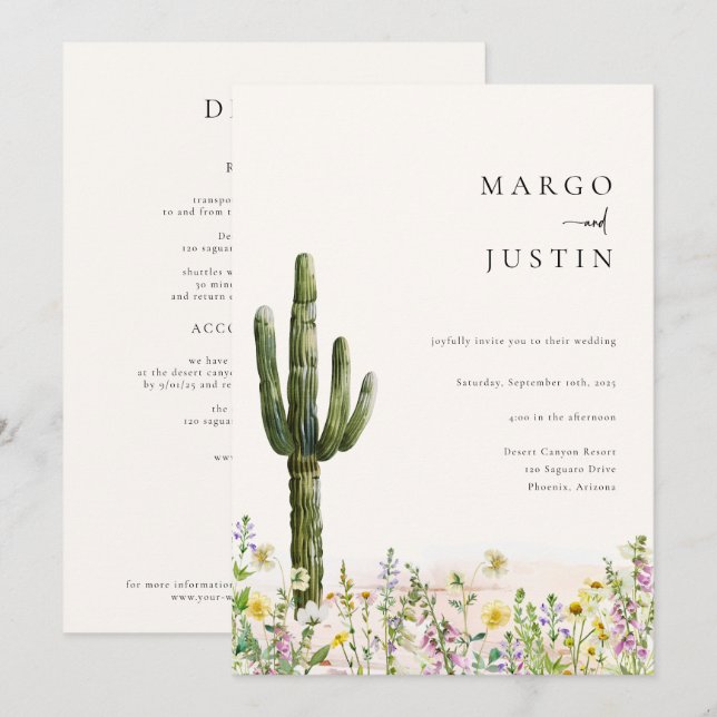 Desert Cactus Wildflower Wedding Invitation (Front/Back)