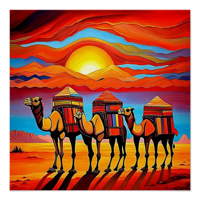 Desert Camel caravan at sunset 1 Poster (Front)