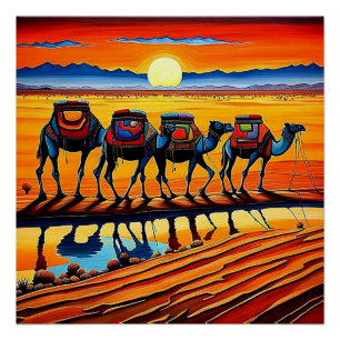 Desert Camel caravan at sunset 4 Poster