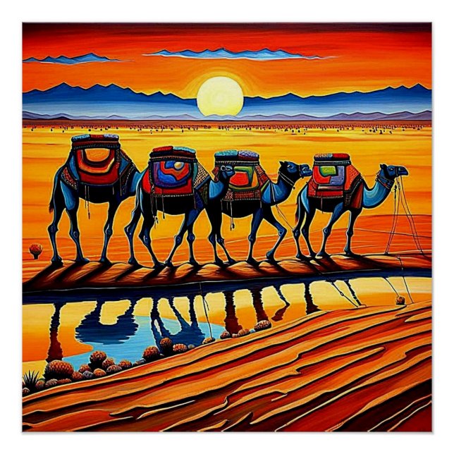 Desert Camel caravan at sunset 4 Poster (Front)