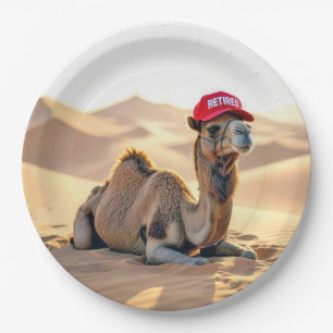 Desert Camel Wearing a Red Retired Cap Paper Plate