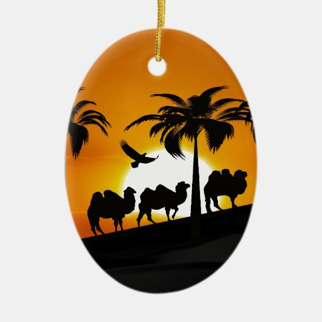 Desert Camels at sunset Ceramic Tree Decoration (Front)