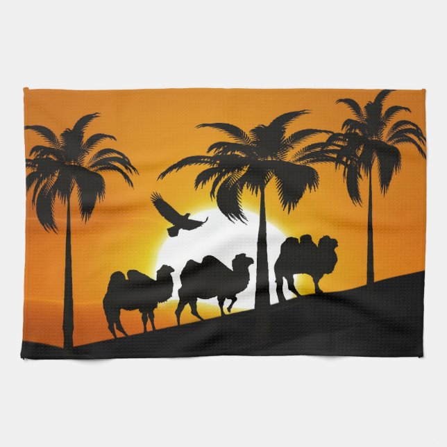 Desert Camels at sunset Tea Towel (Horizontal)
