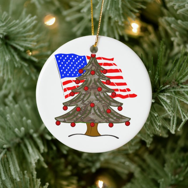Desert Camouflage Christmas Tree w/American Flag Ceramic Tree Decoration (Tree)
