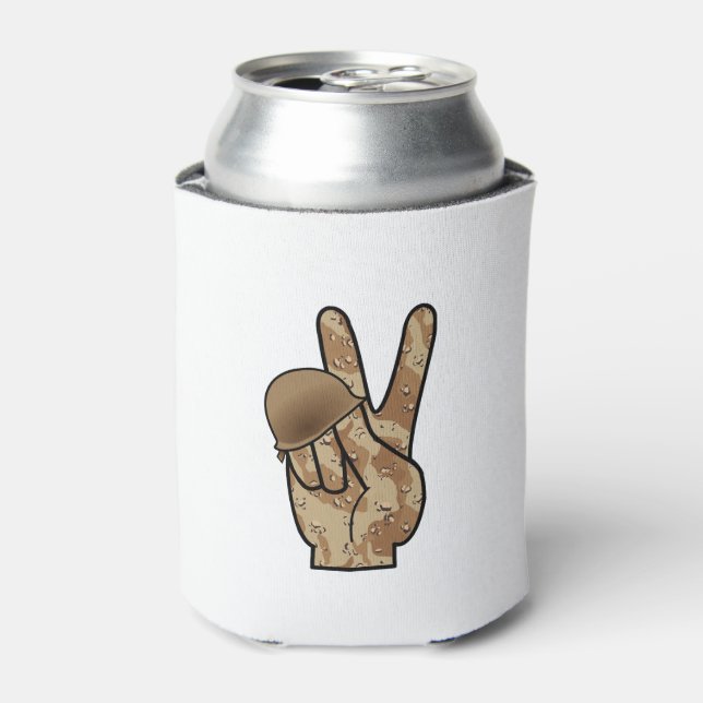 Desert Camouflage Hand Victory / Peace Sign Can Cooler (Can Front)