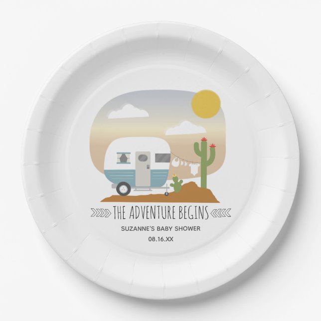 Desert Camper Clothesline Blue Baby Shower Paper Plate (Front)