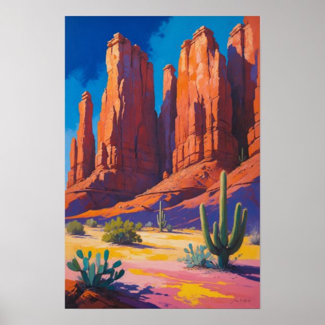 Desert Canyon with Red Rock Formations and Cactus Poster (Front)