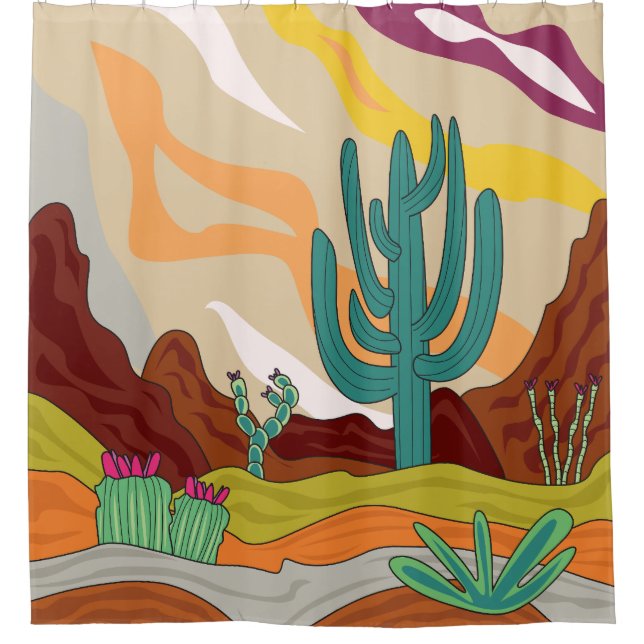 Desert climate, retro style, abstract cactus shower curtain (Front)