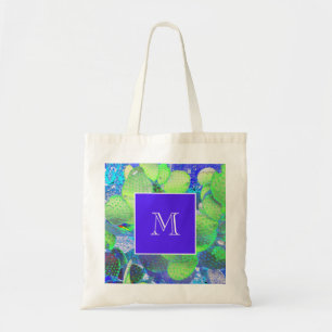 Desert Digital Green Prickly Pear Cactus Monogram  Tote Bag